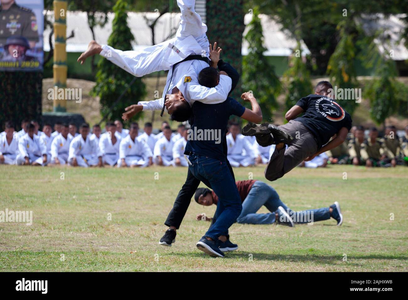 Soldiers train martial arts during the ceremony in Palu City.Soldiers