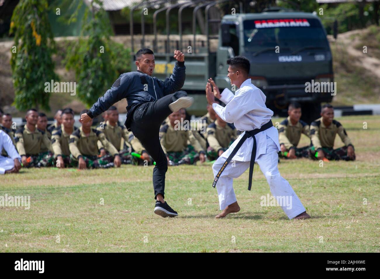 Soldiers train martial arts during the ceremony in Palu City.Soldiers