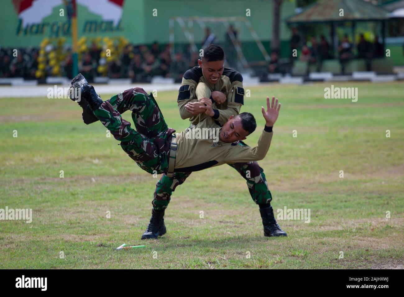 Soldiers train martial arts during the ceremony in Palu City.Soldiers
