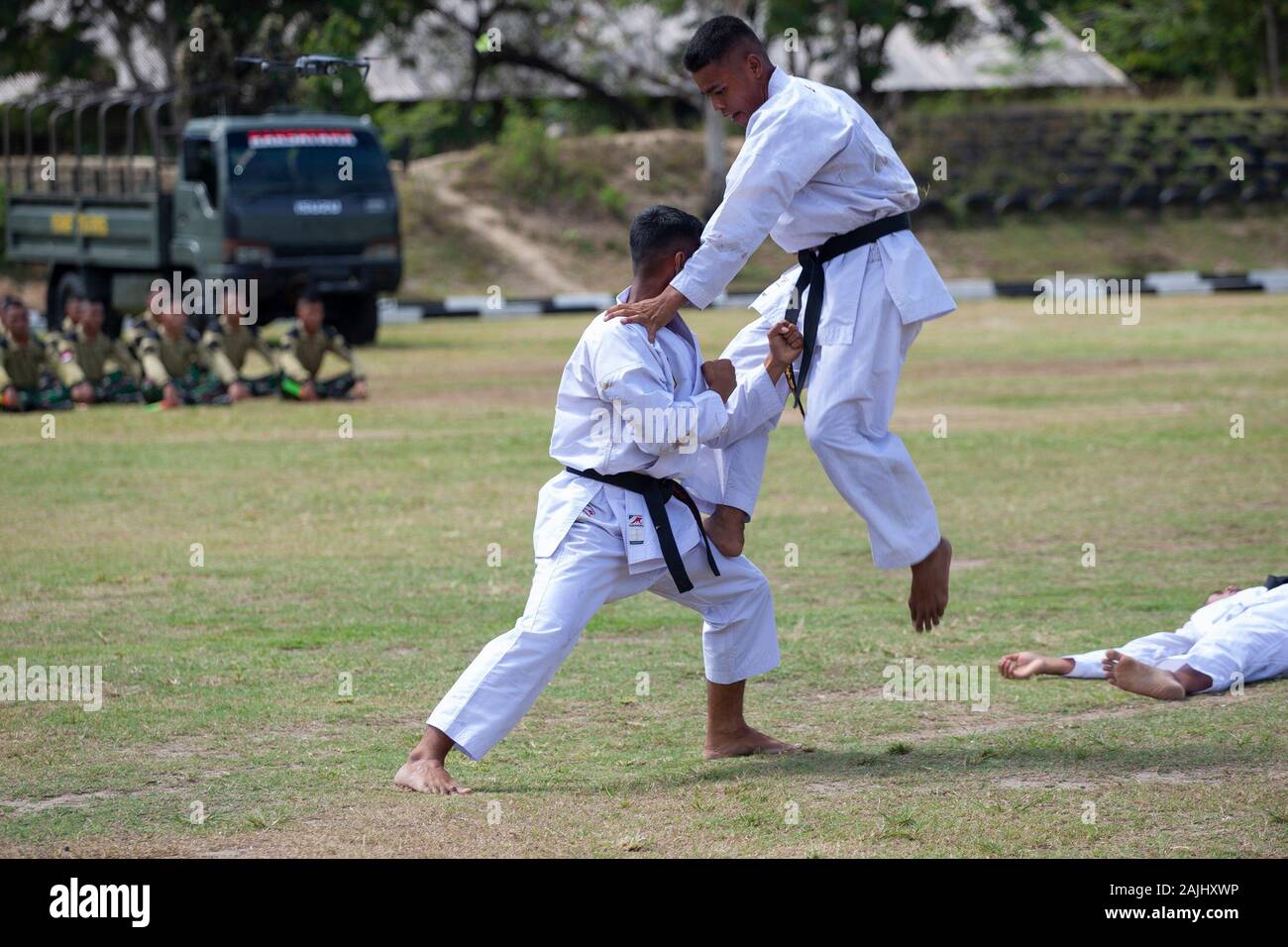Soldiers train martial arts during the ceremony in Palu City.Soldiers