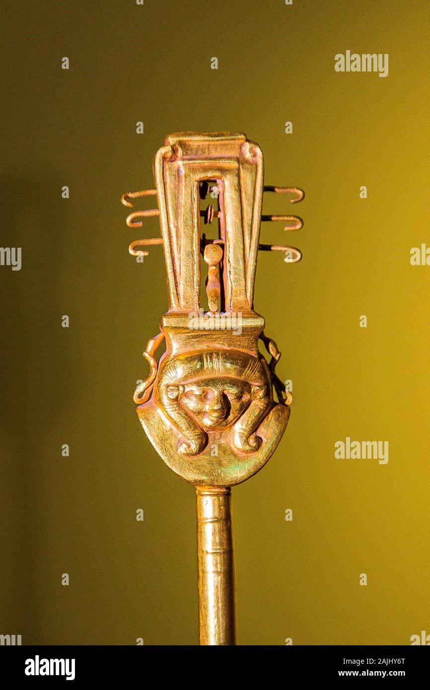 Photo taken during the opening visit of the exhibition “Osiris, Egypt's Sunken Mysteries”. Egypt, Cairo, Egyptian Museum, sistrum in gold. Stock Photo