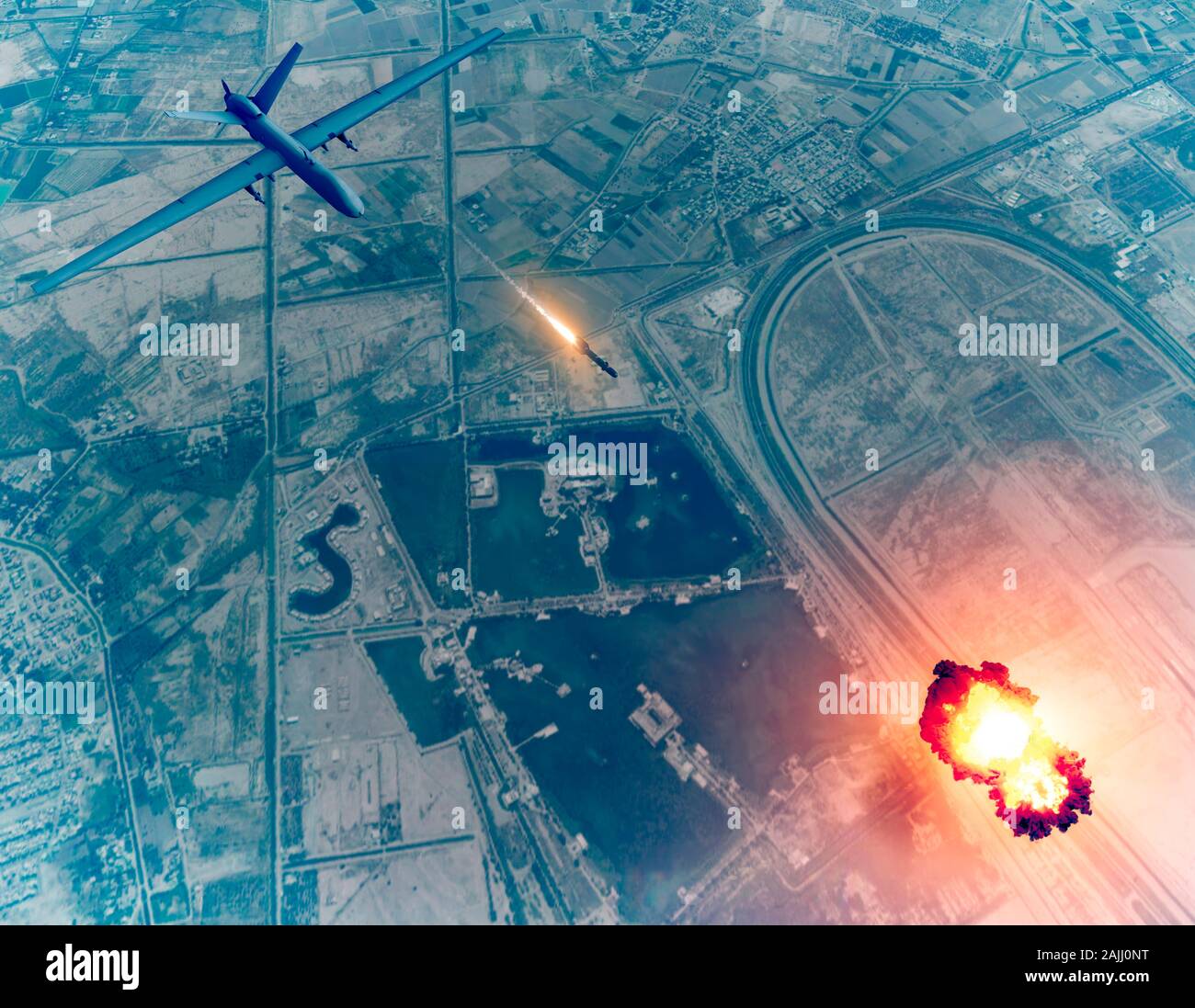 US drone attack on the convoy of the Iranian general Qassem Soleimani, 3d render. Baghdad airport, Iraq. Stock Photo