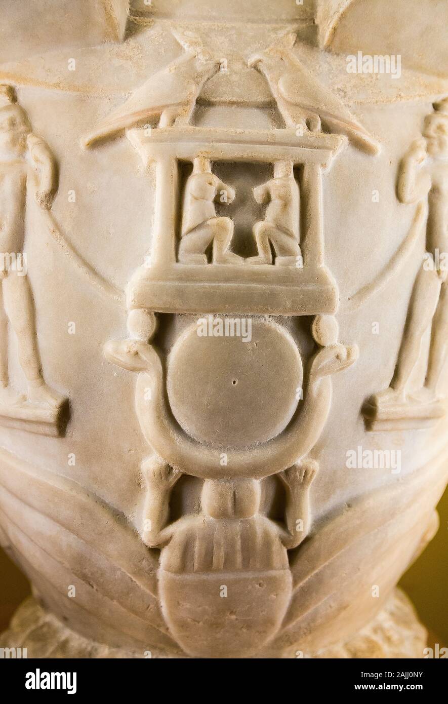 Photo taken during the opening visit of the exhibition “Osiris, Egypt's Sunken Mysteries”. Detail of an Osiris-Canope. Stock Photo