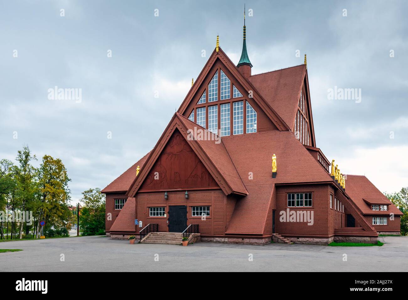 The church of Kiruna, Sweden. Built in Gothic Revival style at the beginning of the XIX century, it is one of the largest wooden building. Kiruna, Swe Stock Photo