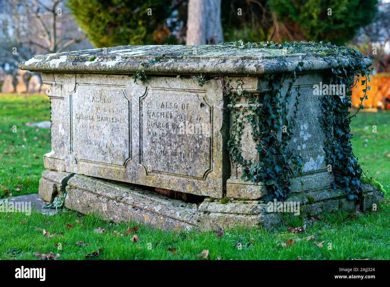 19th century tombstone with ivy in a graveyard in England Stock Photo