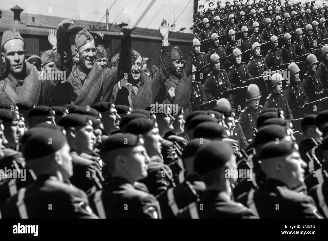 Moscow, Russia. 7th of May, 2015 Soldiers of the Russian army march on the background of a banner with historical photos of the Great Patriotic War during a Victory Day military parade marking the 70th anniversary of the Victory over Nazi Germany in the Great Patriotic War of 1941-1945 Stock Photo