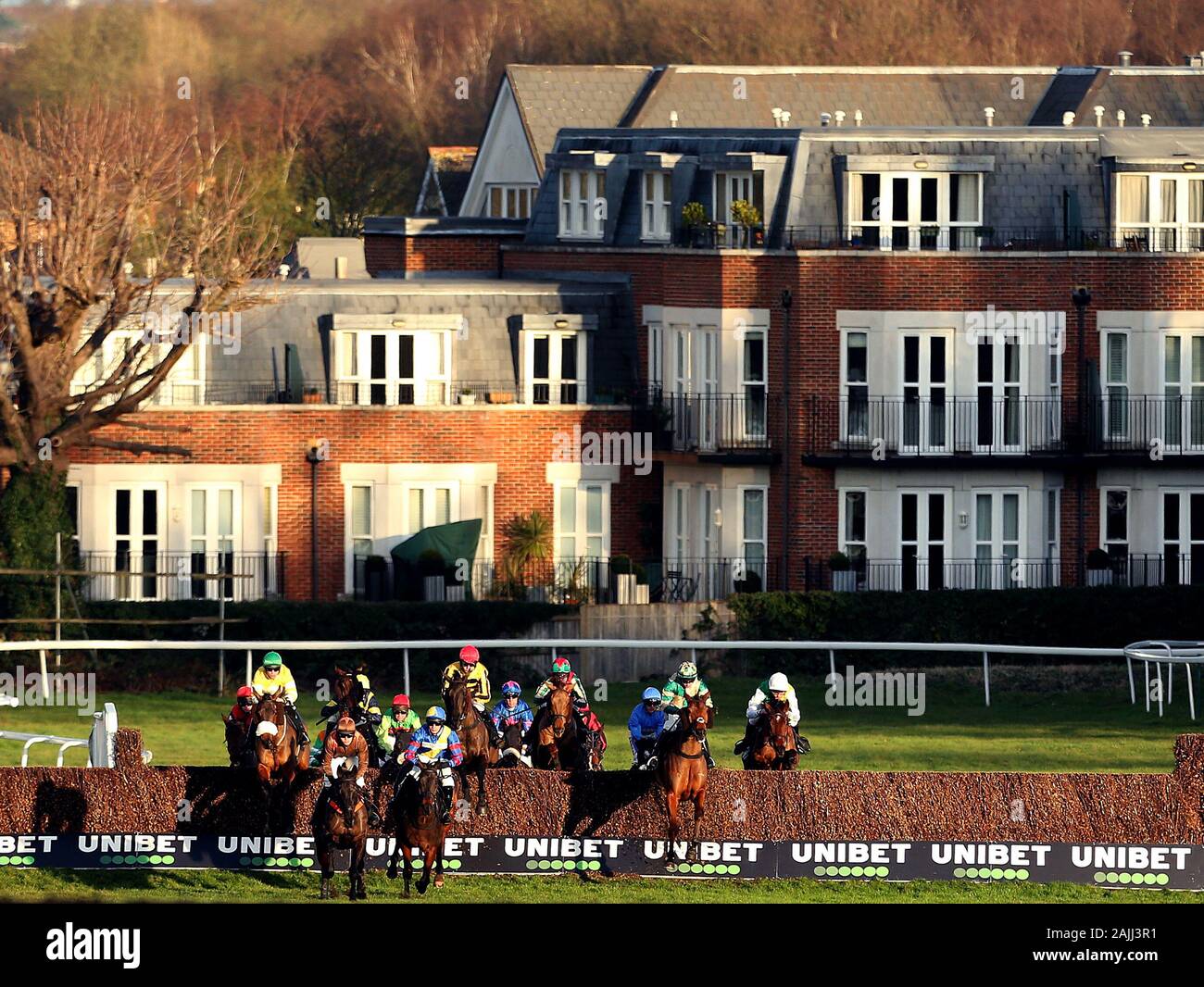 Riders during the Unibet Veterans' Handicap Chase during the Unibet Tolworth Hurdle Day at Sandown Park Raceourse, Sandown. Stock Photo