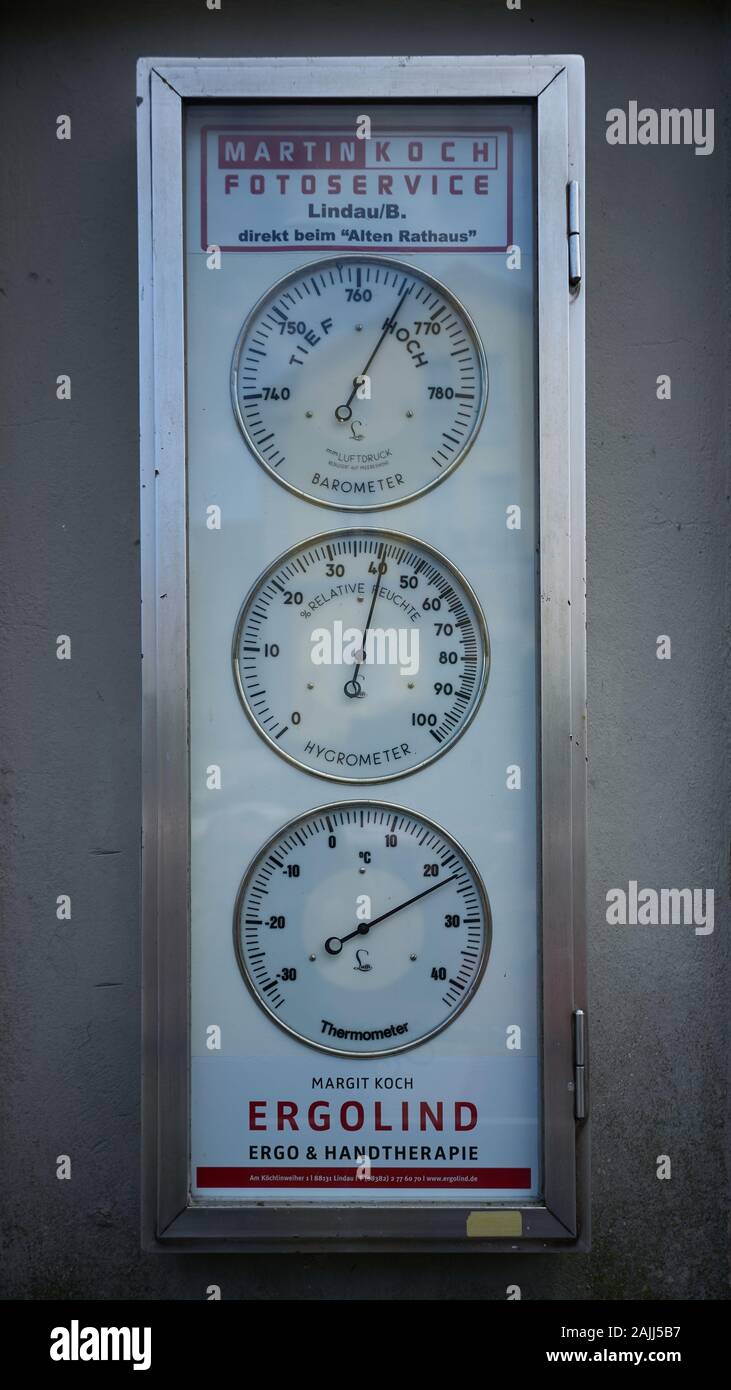 Antique stainless steel multi meter weather station in Lindau, Germany Stock Photo Alamy