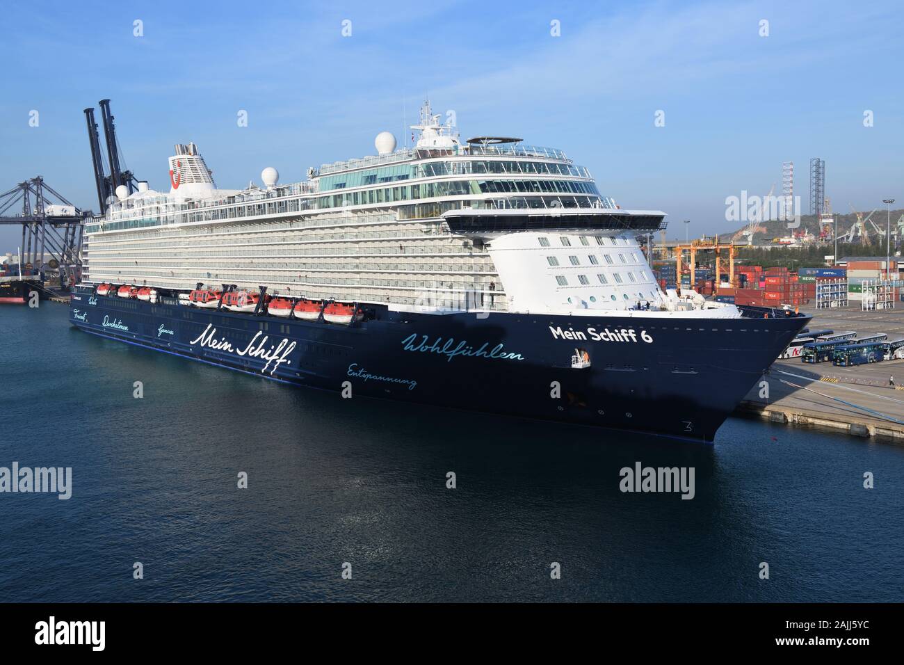 German operated, TUI cruises, 'Mein Schiff 6' in port at Laem Chabang, Thailand Stock Photo