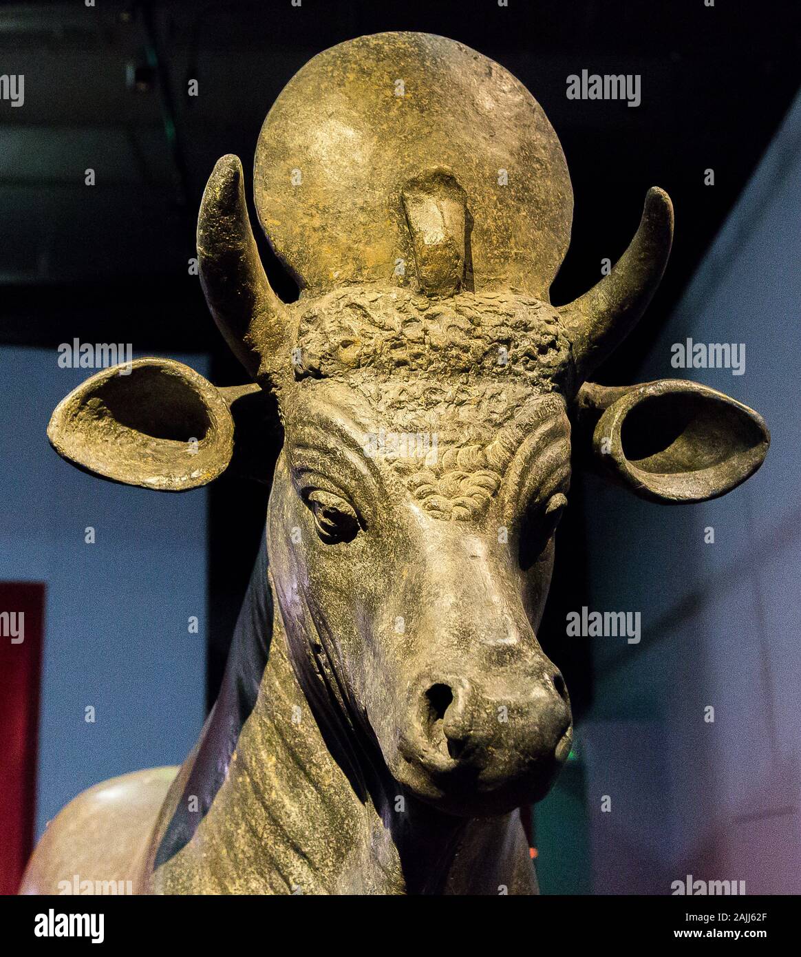Photo taken during the opening visit of the exhibition “Osiris, Egypt's Sunken Mysteries”. Statue of the Apis bull. Stock Photo