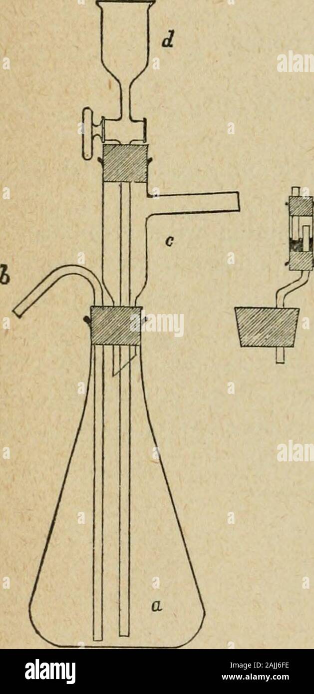 American chemical journal . t with a Richards jetpump. The tube c is the exit tube.Where it passes through the stop-per it has an interior diameter ofabout 12 mm., and widens above toabout 25 mm. At one side, nearthe top, is attached an exit tube ofsuch size as to be readily connectedwith a block-tin condenser. Thistube inclines slightly upward. Thetube c is open at the top, theopening being closed by a rubberstopper carrying a funnel tube d,whose stem extends nearly to the bottom of the flask a. Theannular space about the stem of the funnel tube is filled with glassbeads, to arrest any partic Stock Photo