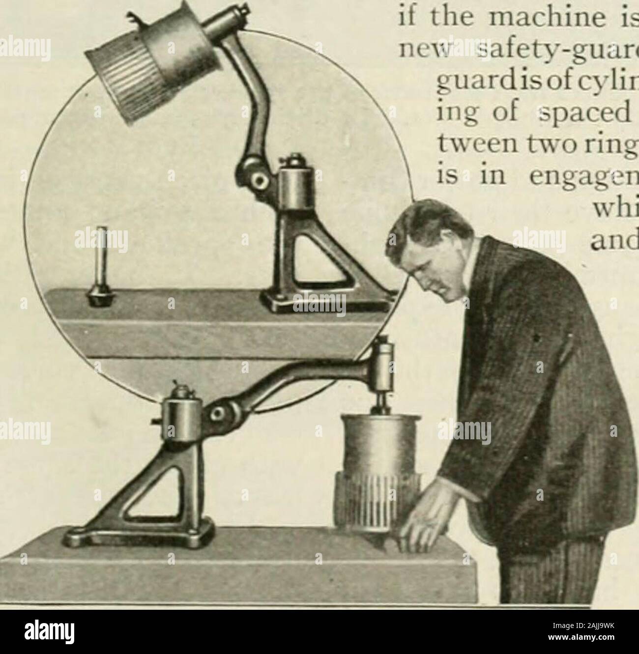 Popular science monthly . THERE is probably no badge whichdesignates the woodworker or cabi-netmaker so surely as the mutilatedfingers which most of them earn*-. Sointent does the worker become on thetask of getting and keeping his accuratemeasurements for the cutting processthat the danger to his fingers is forgottenuntil too late. But the fingers of thewoodworker cannot come into accidentalcontact with the blade of the vertical cut-ter-head of his woodworking machineif the machine is equipped with thenew safety-guard illustrated. Thisguardisof cylindrical form, consist-ing of spaced rods ext Stock Photo