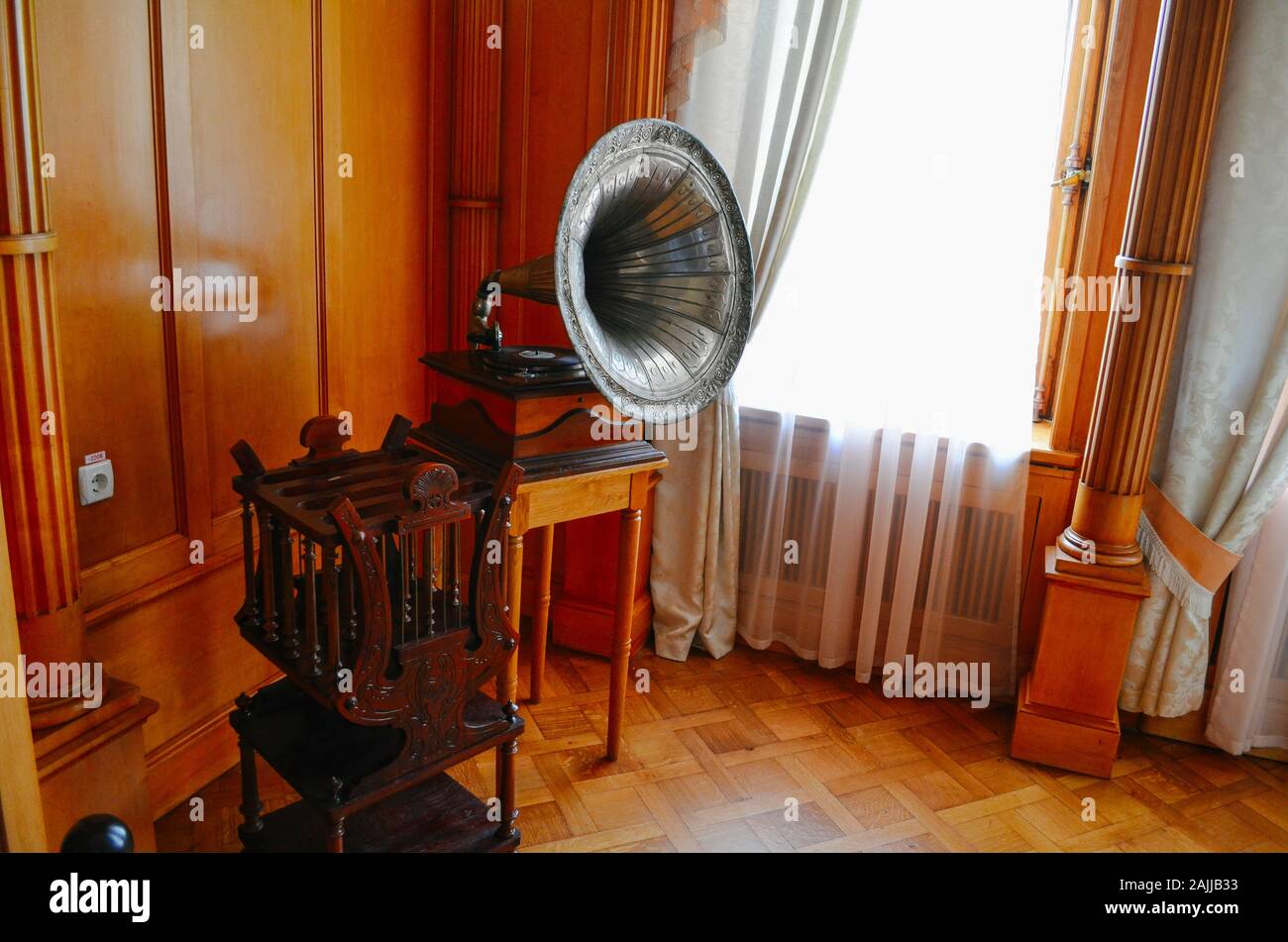 Crimea, Livadia - May 14.2012: Interior living room (boudoir) with a white grand piano Empress Alexandra Feodorovna, wife of Russian Emperor Alexander Stock Photo