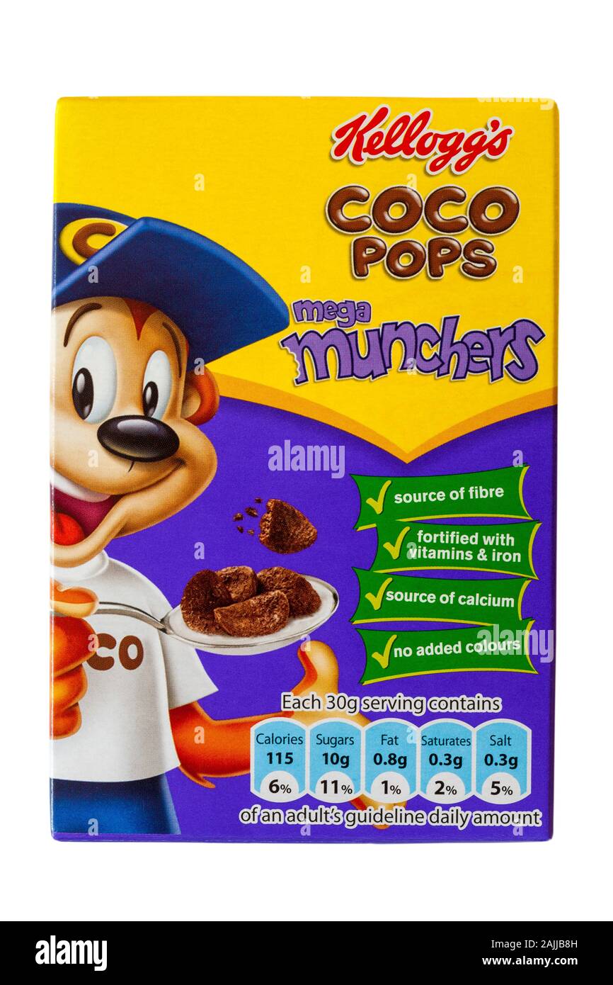 small box of Kellogg's Coco Pops mega munchers cereals, breakfast cereal isolated on white background - Kelloggs cereal Kellogs cereal Kellogg cereal Stock Photo