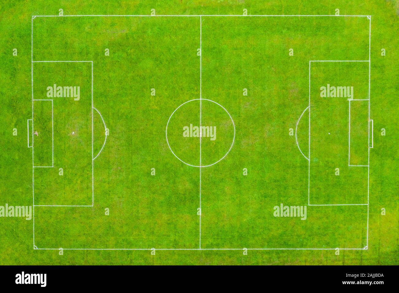 Aerial shot Football pitch looking directly down over it in a birdseye view in December 2019 Stock Photo