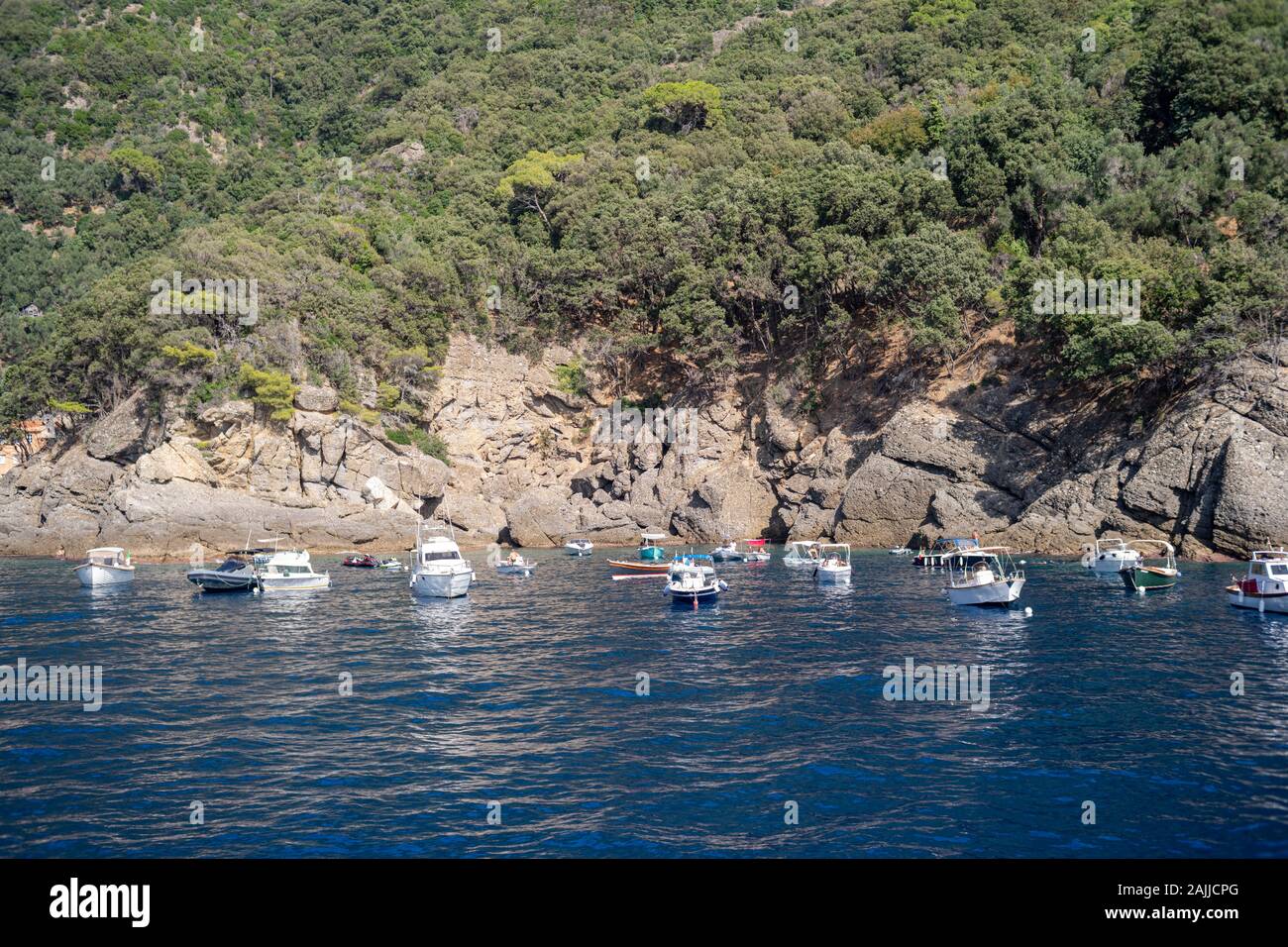 Coastal rocky beach at Portofino natural regional park, Liguria, Italy Stock Photo