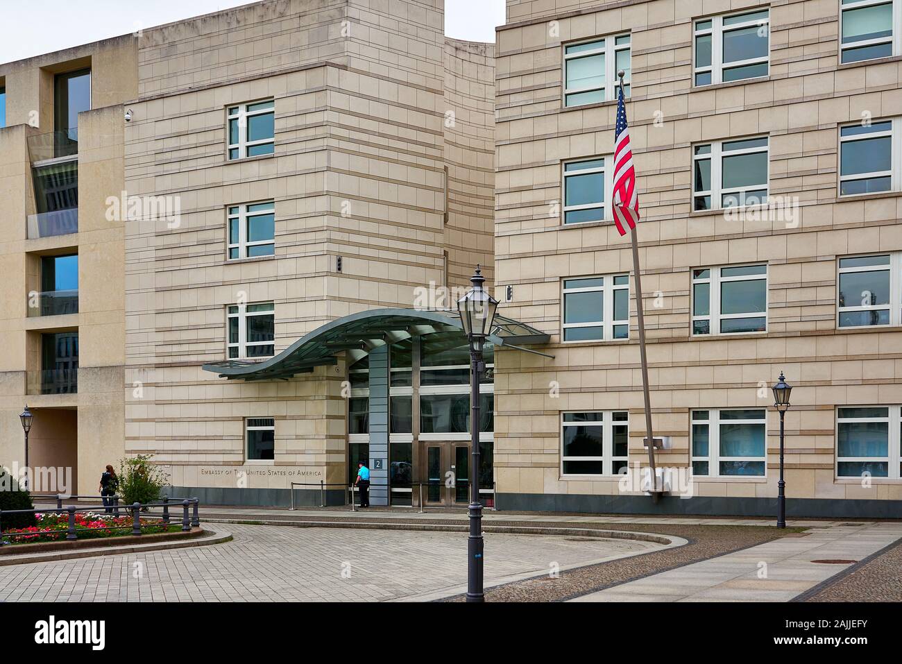 Outside facade of the United States Embassy with the American Flag, in ...