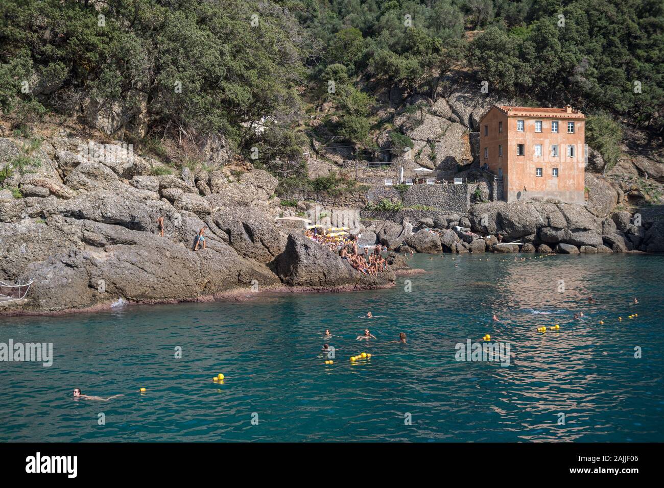 Coastal rocky beach at Portofino natural regional park, Liguria region Stock Photo