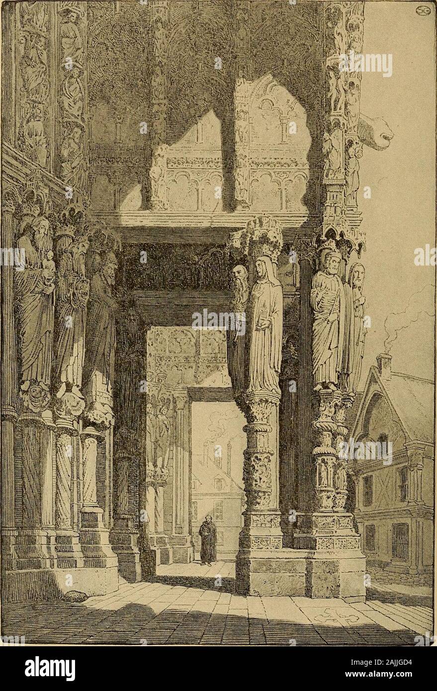 Medieval and modern times; an introduction to the history of western Europe form the dissolution of the Roman empire to the present time . —  Interior of Exeter Cathedral (Early Fourteenth Century). North Porch of Chartres Cathedral (Fourteenth Century) Medieval Towns—their Business and Buildings 221 As the skill of the architects increased they became bolder Gothicand bolder and erected churches that were marvels of lightness scu pand delicacy of ornament, without sacrificing dignity or beautyof proportion. The facade of Rheims cathedral is one ofthe most famous examples of the bestwork of th Stock Photo