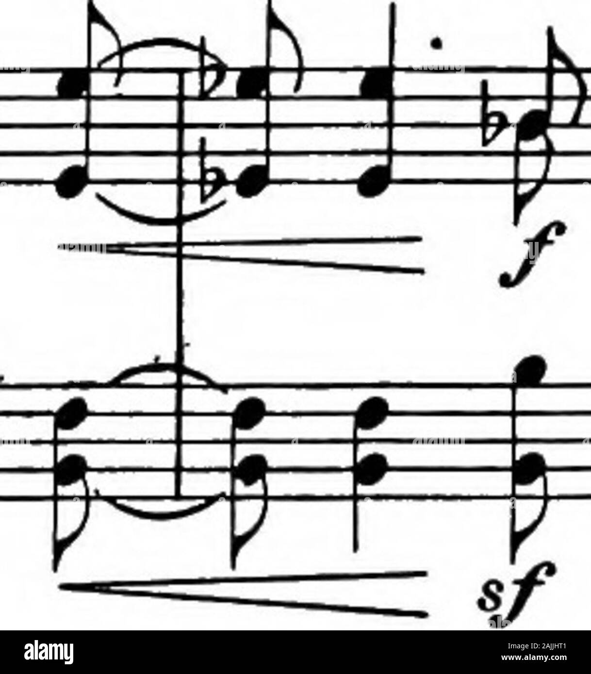 On the performance of Beethoven's symphonies . mf m. The substitution of the lower F and £ flat for the higheris already shewn in the quotation. Page 31, bars 2 and following. Horns, trumpets andkettle-drums play only mf here, and the s/s may then beplayed correspondingly somewhat less sharply. In the third. and fourth horns the mezzoforte begins already on the pre-ceding up-beat (octave G). The second horn takes the lower£flats during four bars. In the 2* bar of page 32, whenthe violins make their powerful leap from the low D to the 140 NINTH SYMPHONY. high E^ the first and second horns first Stock Photo
