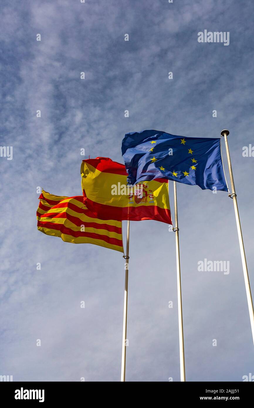 European, Spanish and Catalonian flag Stock Photo