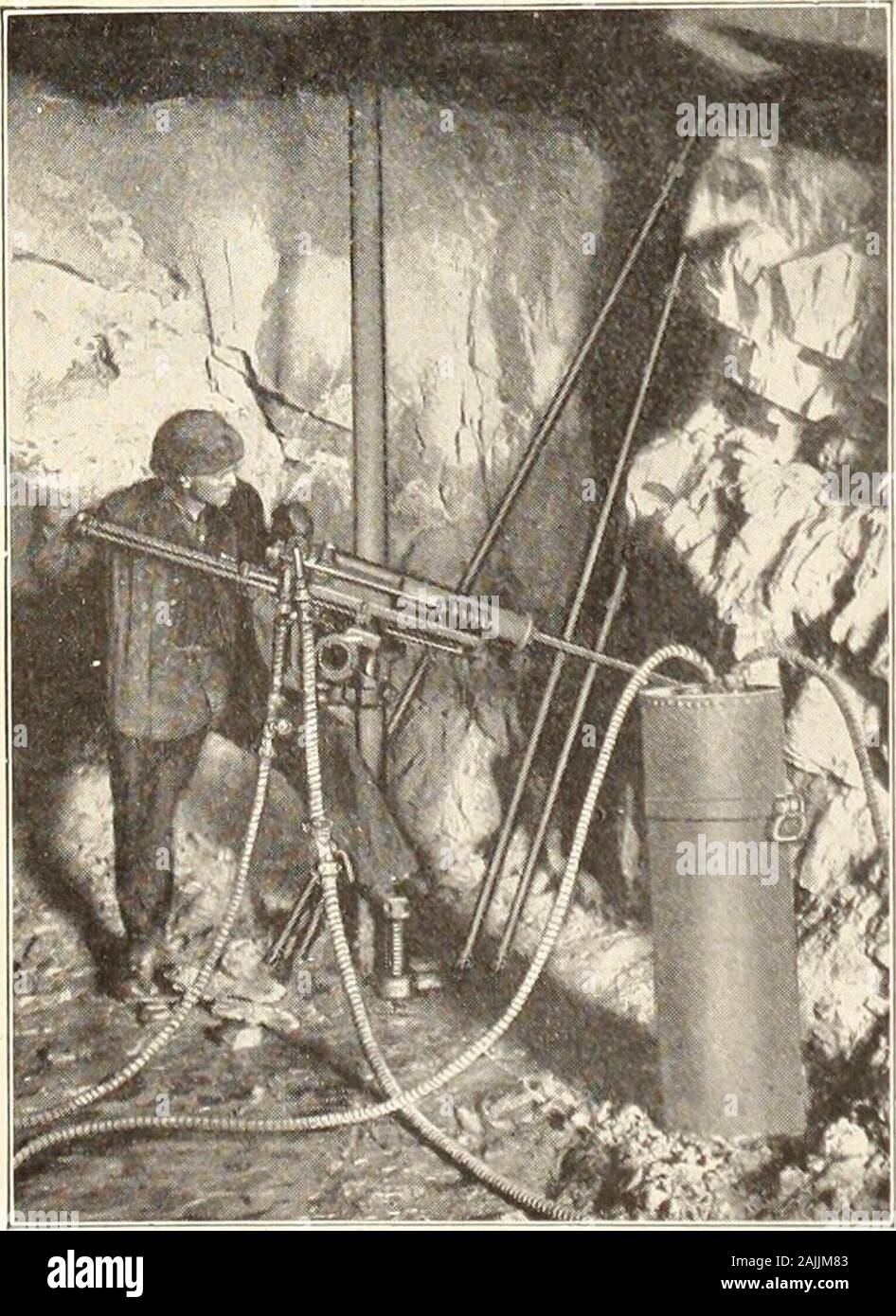 Canadian mining journal July-December 1915 . n Union, A. B. C. (4th and 5th Edition.I. A.I., Liebert and Print*. Sullivan Water-Jet Drills Will get the hole in and the cuttings out quickest FOR DRIFTING, tunneling and other holes at or nearthe horizontal, vou can increase vour drilling speed 2r&gt; to HH&gt;per cent by employing SULLIVAN WATER - J E 1DRILLS. These machines are fitted with hollow pistons, and UKhollow steel. Water and compressed air are forced throughthe piston and steel to the bottom of the hole, throwing; outthe cuttings, preventing sticking of bits, and affording a cleandril Stock Photo