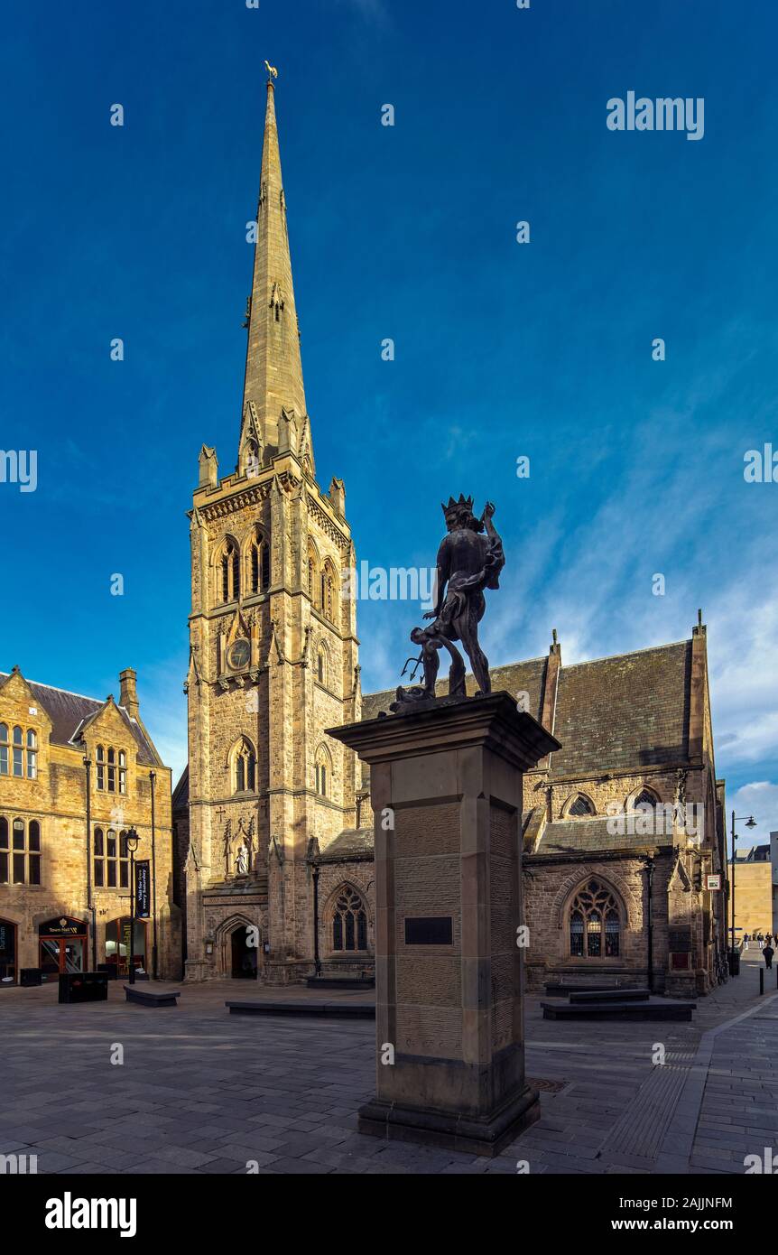 A daytime view of St Nicholas' Church & Durham marketplace, Durham City, County Durham, England, United Kingdom Stock Photo