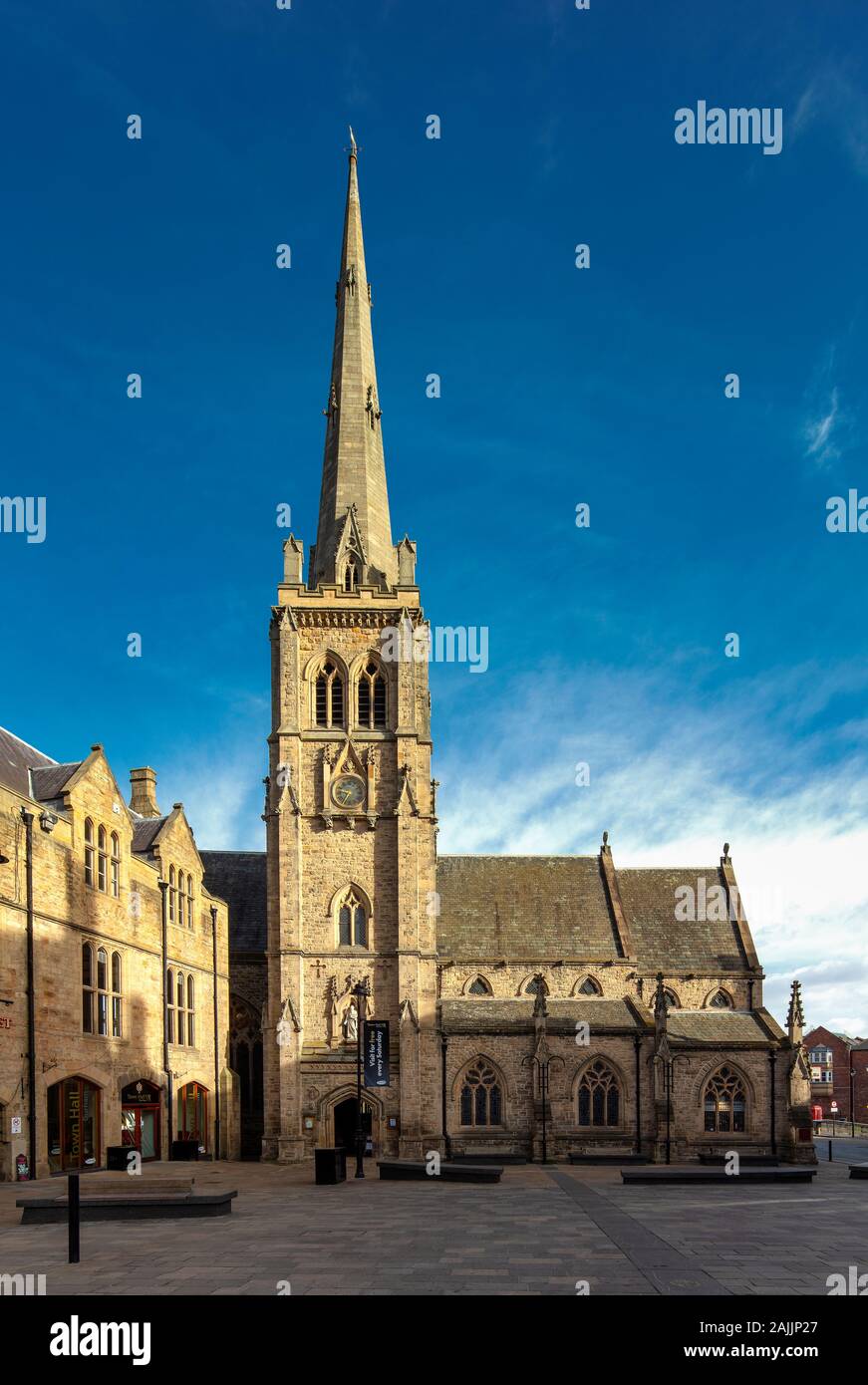 A daytime view of St Nicholas' Church & Durham marketplace, Durham City, County Durham, England, United Kingdom Stock Photo