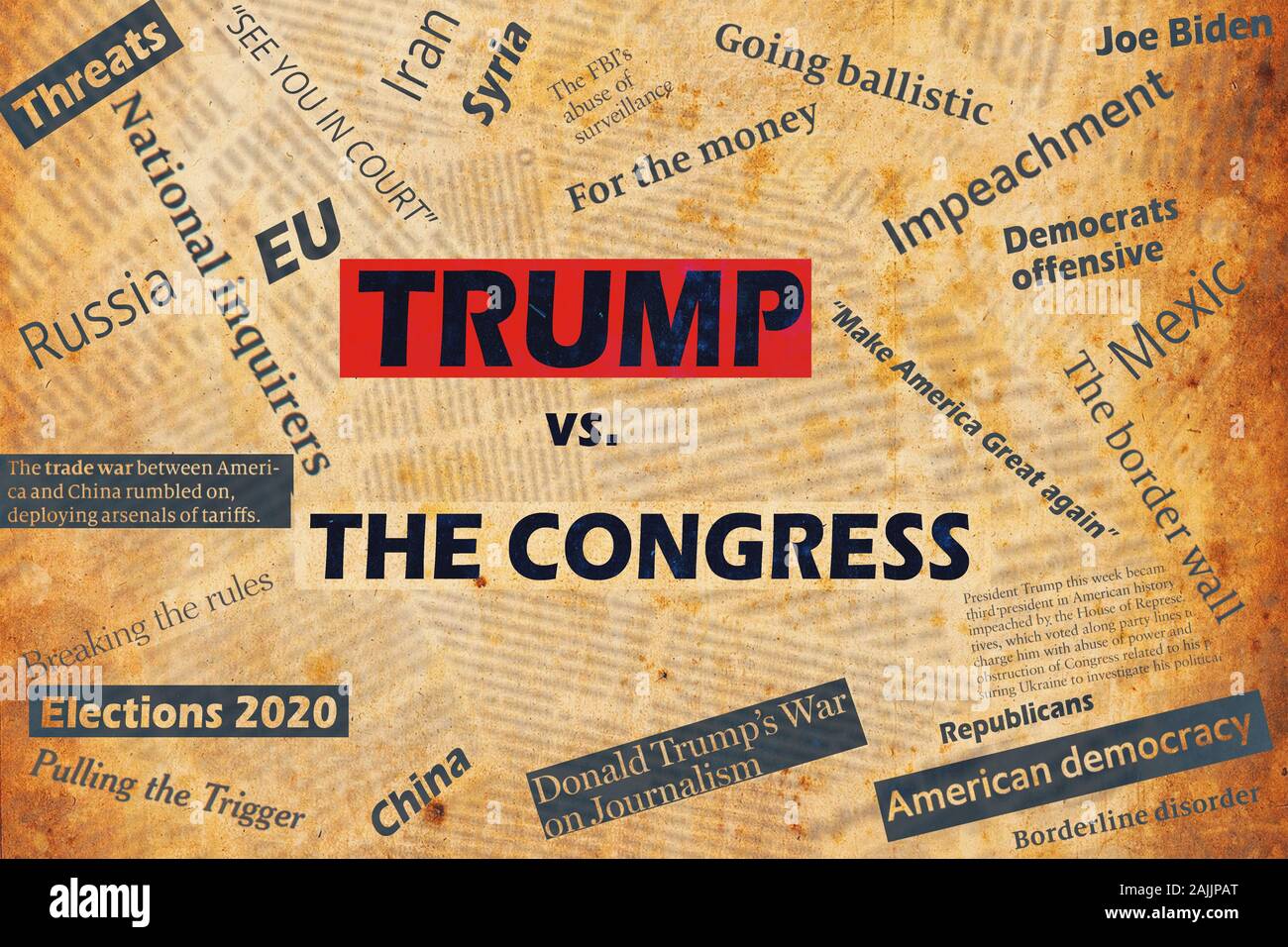 New York, USA - January 04, 2020: Ilustrative collage with newspaper headlines and text about the US President Donald Trump and the Congress. Stock Photo