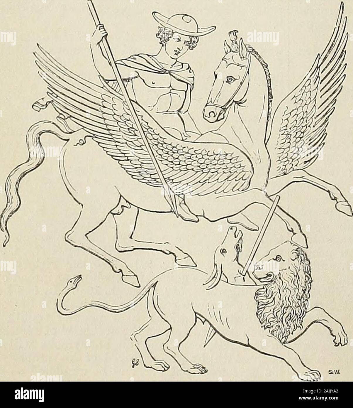 www.flickr.com/photos/internetarchivebookimages/tags/book... . Bellerophon taking leave of Proetus. (Hamilton vases.) bravest Lycians, whom Iobates had placed inambush for the purpose, Bellerophon slew themall. Iobates, now seeing that it was hopelessto kill the hero, gave him his daughter(Philonoe, Anticlea, or Cassandra) in marriage,and made him his successor on the throne. father-in-law, Iobates, king of Lycia, withletter begging that the messenger should be. Bellerophon, Pegasus, and Chimaera. (Hamilton vases.) put to death. Iobates accordingly sent him tokill the monster Chimaera, thinkin Stock Photo