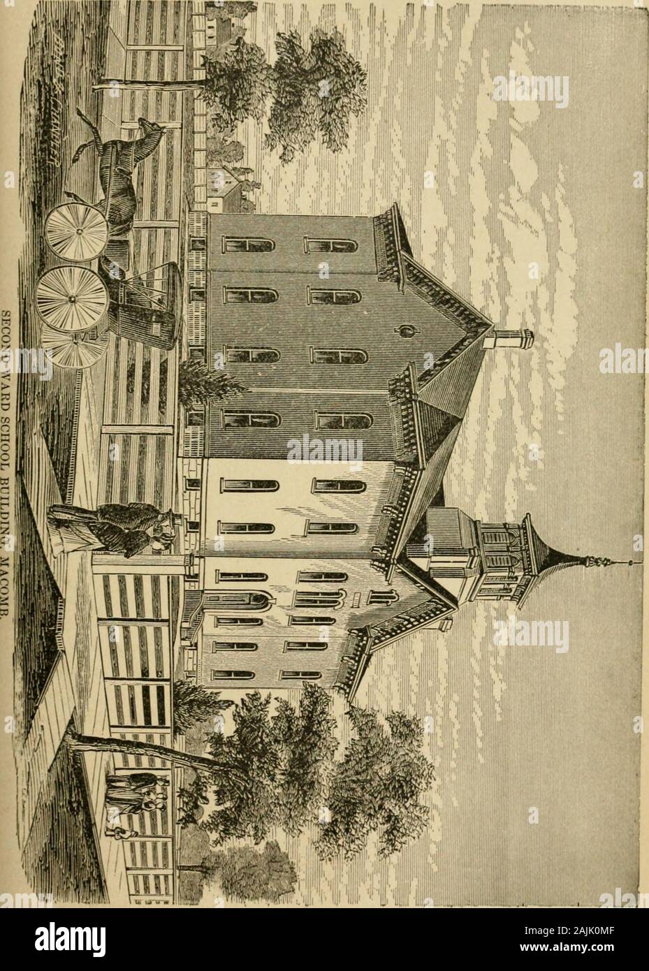 History of McDonough County, Illinois : its cities, towns and villages, with early reminiscences, personal incidents and anecdotes, and a complete business directory of the county . regard to a teacher thenemployed, and, in order to prevent the school being contiimed the house was one nighttorn down, or made unfit for use. The term of school, however, was finished in thehouse of T. G. Painter by Jane Maxwell. Soon after, perhaps the same year, the pres-ent building was erected at a cost of ^500. It is 22x28. The following named gentle-men have sei-ved as directors: George Stickle, F. M. Painte Stock Photo