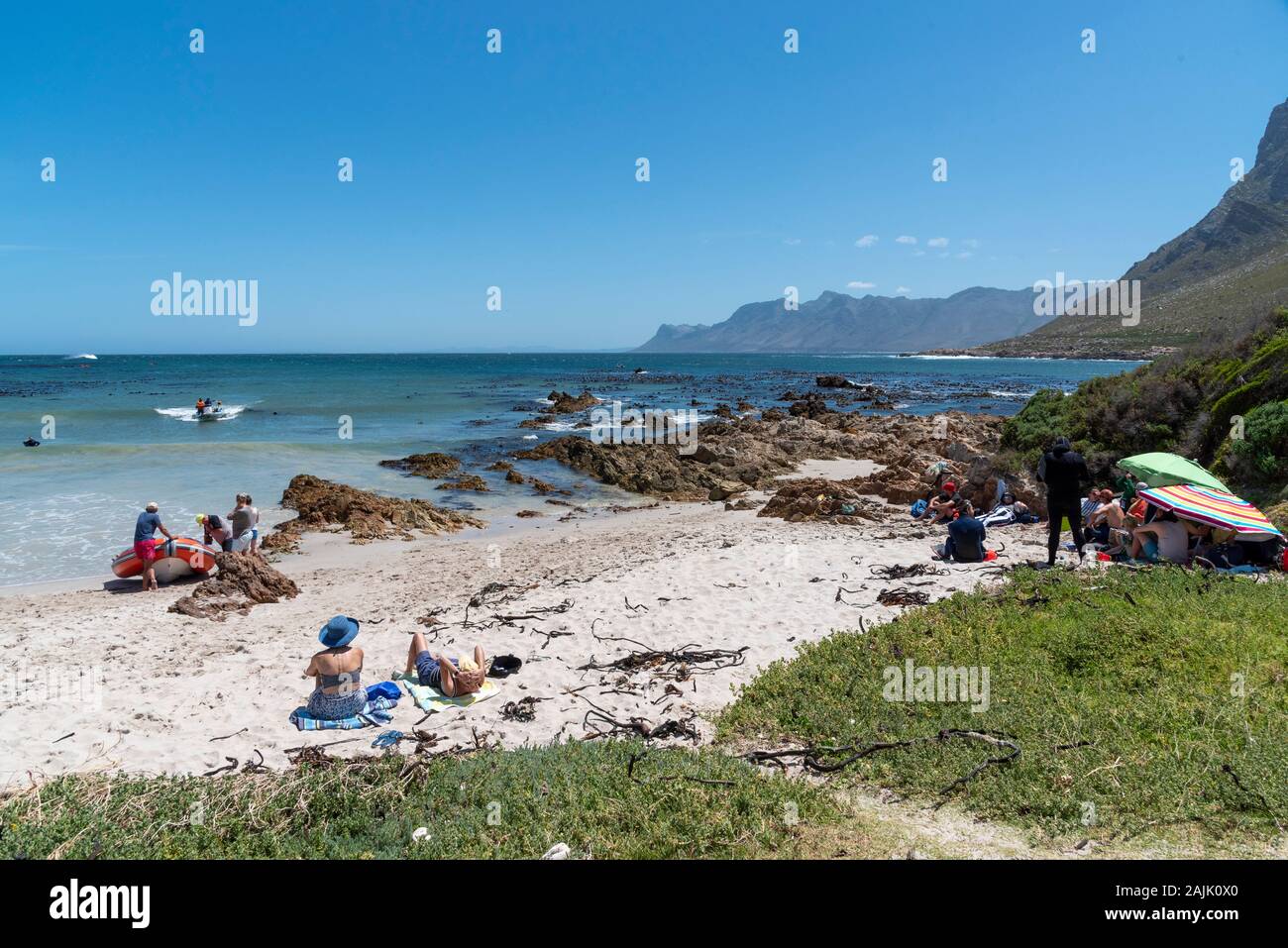 Rooiels, Western Cape, South Africa. December 2019, The busy beach at Rooiels for the opening of the Cray fishing season. Stock Photo