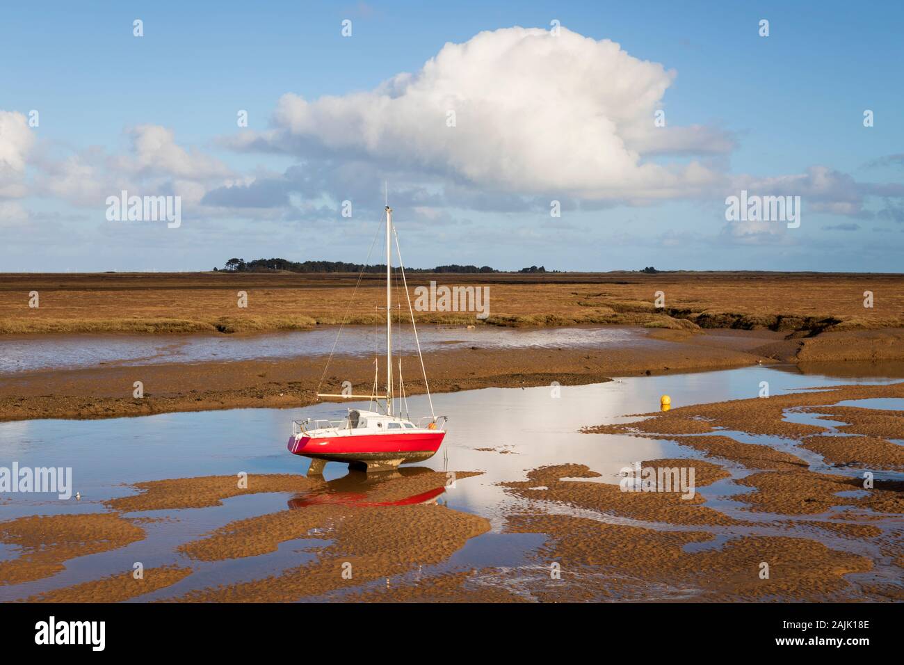 Boats on the sand flats at low tide, Wells-next-the-Sea, Norfolk, England, United Kingdom, Europe Stock Photo