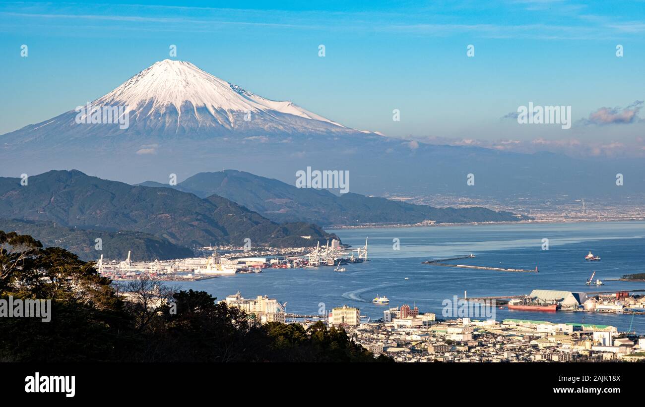 Fuji mountain and habour landscpae view.It s a tourism destination in japan day trip from tokyo with copyspace. Stock Photo