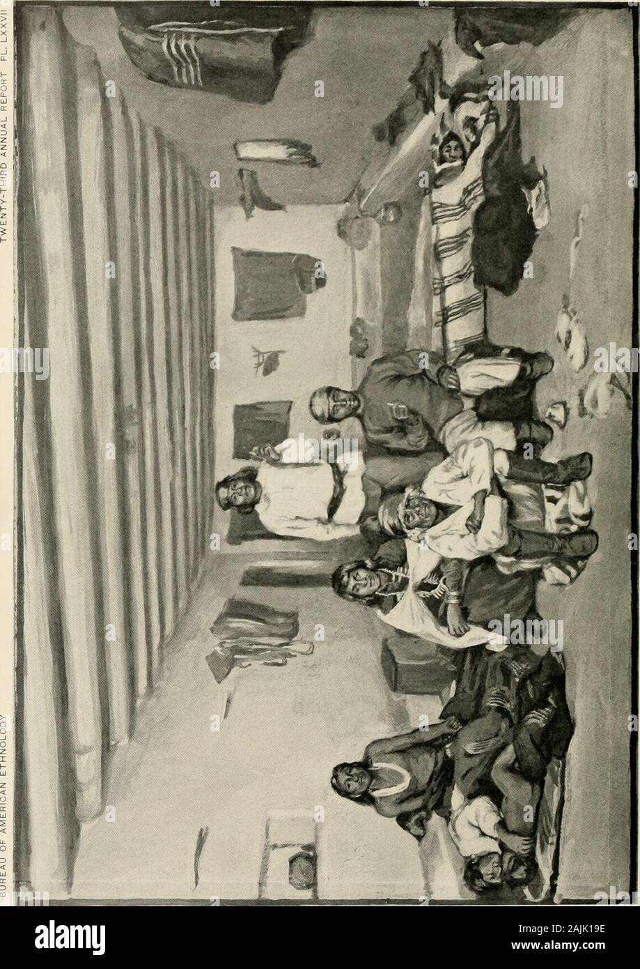 Annual report of the Bureau of American Ethnology to the Secretary of the Smithsonian Institution . , and where guests are entertained. When theroom is required for the use of some frat(&gt;rnity, the faujily adjournsto other quarters, moving all its belongings. In this room the famih*wardrobe hangs on a pole suspended from the rafters. The niore val-uable tilings, especially the ceremonial paraphernalia, are carefullywrap))ed and deposited in the storage rooms. As a rule the mills forgrinding meal are set up in the general living room. They consist ofthree or more slabs of stone, of different Stock Photo