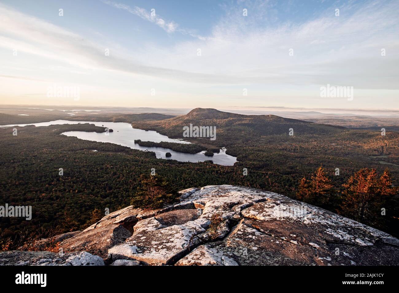View of Borestone Mountain and Onawa Lake, Maine at sunrise Stock Photo