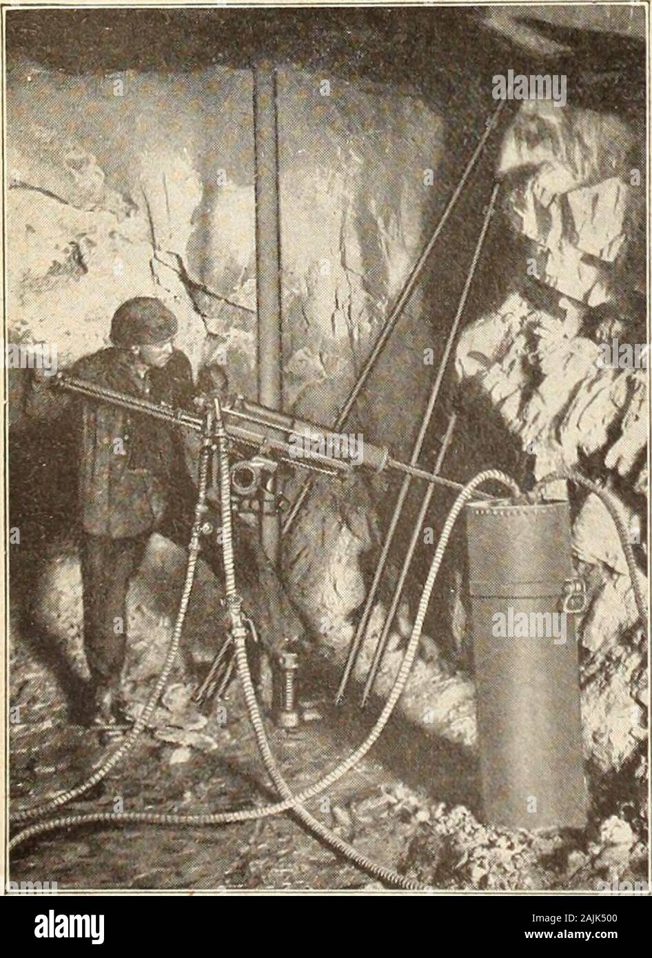 Canadian mining journal July-December 1915 . S: Western Union, A. B. C. (4th and Sth Editions), A.]., Liebers and Priratt. Sullivan Water-Jet Drills Will get the hole in and the cuttings out quickest FOR DRIFTING, tunneling and other holes at or nearthe horizontal, you can increase vour drilling speed 25 to 100per cent by employing SULLIVAN WATER -JETDRILLS. These machines are fitted with hollow pistons, and usehollow steel. Water and compressed air are forced throughthe piston and steel to the bottom of the hole, throwing outthe cuttings, preventing sticking of bits, and affording a cleandril Stock Photo