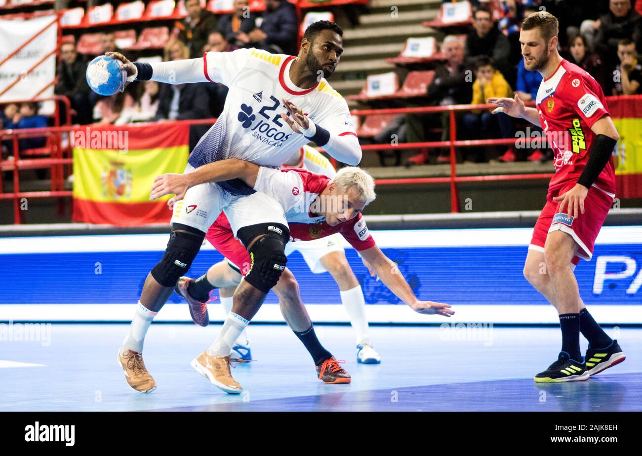 Torrelavega Spain 4th January 2020 Alexis Borges Portugal Shots The Ball While Gleb Kalarash Russia Falls