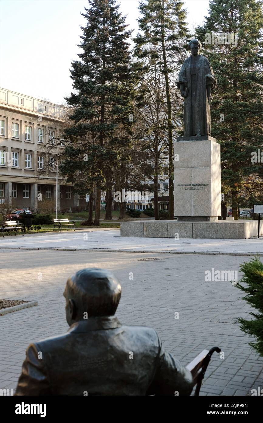 Lublin, Poland 01/03/2019 Main square at the maria Curie Sklodowska University in Lublin Campus with the monument of the patron Stock Photo