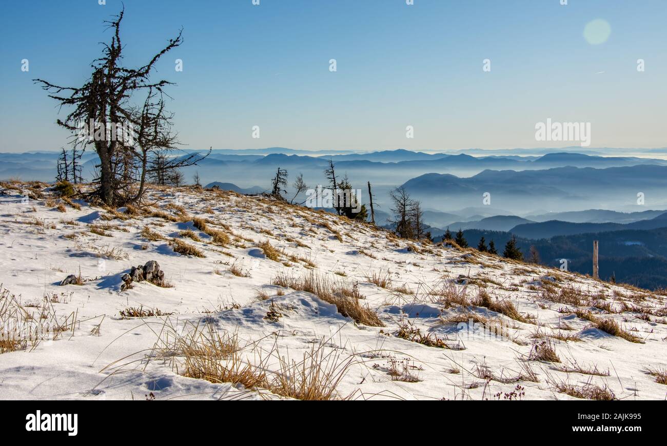 Winter scene high in the mountains. Snowy landscape in peak Uršlja gora, Slovenia. Stock Photo