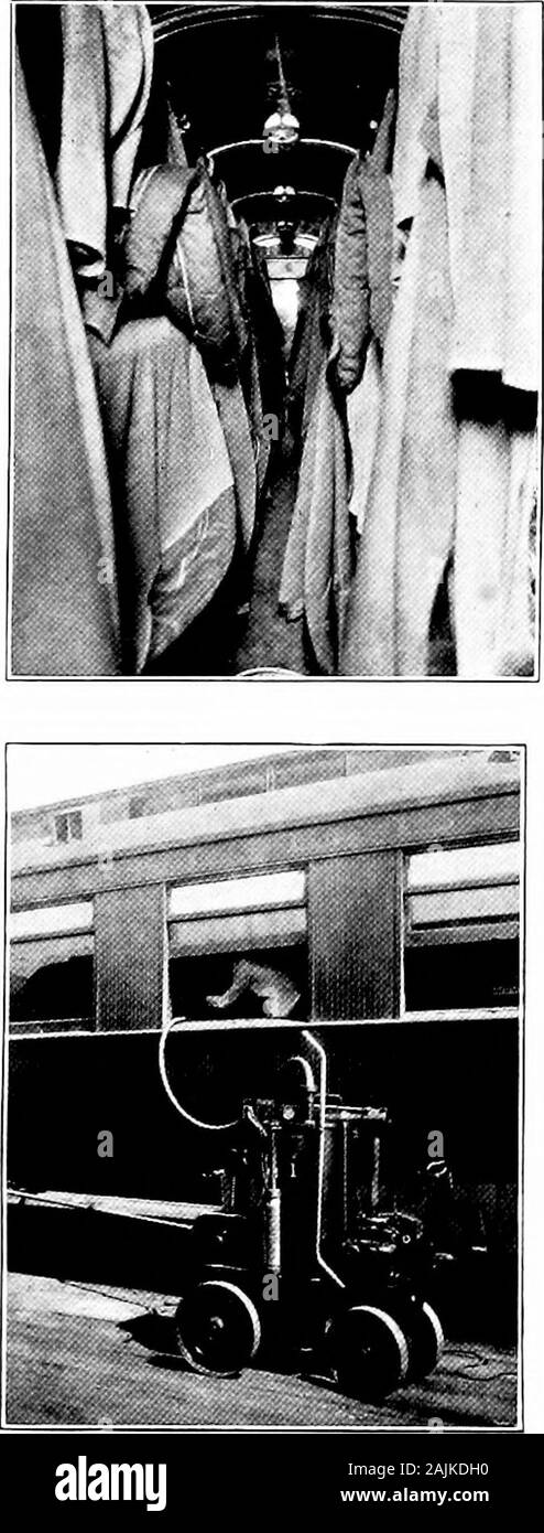 The story of the Pullman car . At the end of its journeythe Pullman car is thoroughlycleaned and disinfected. Thefirst picture on this pageshows the bedding beinggiven a sun bath. Thenext, the appearance of thecar when ready for fumi-gation, and the two illus-trations at the bottom, thevacuum machine at work. Stock Photo
