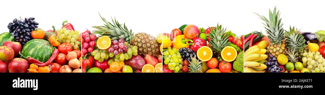 Panoramic skinali from bright fresh vegetables, fruits, berries isolated on white background. Stock Photo