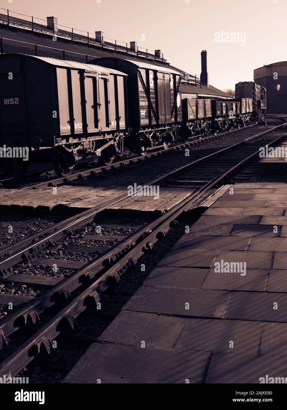 Stock Yard, Black and White, Railway Landscape, Didcot Railway Centre, Dicot, Oxfordshire, England, UK, GB. Stock Photo