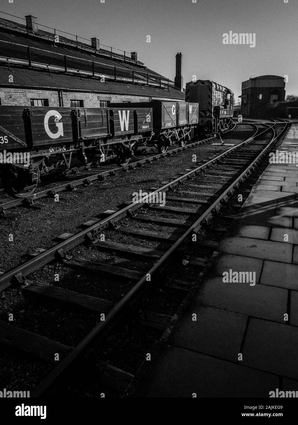 Black and White Landscape of Train Yard, GWR, GW, Didcot Railway Centre, Didcot, Oxfordshire, England, UK, GB. Stock Photo