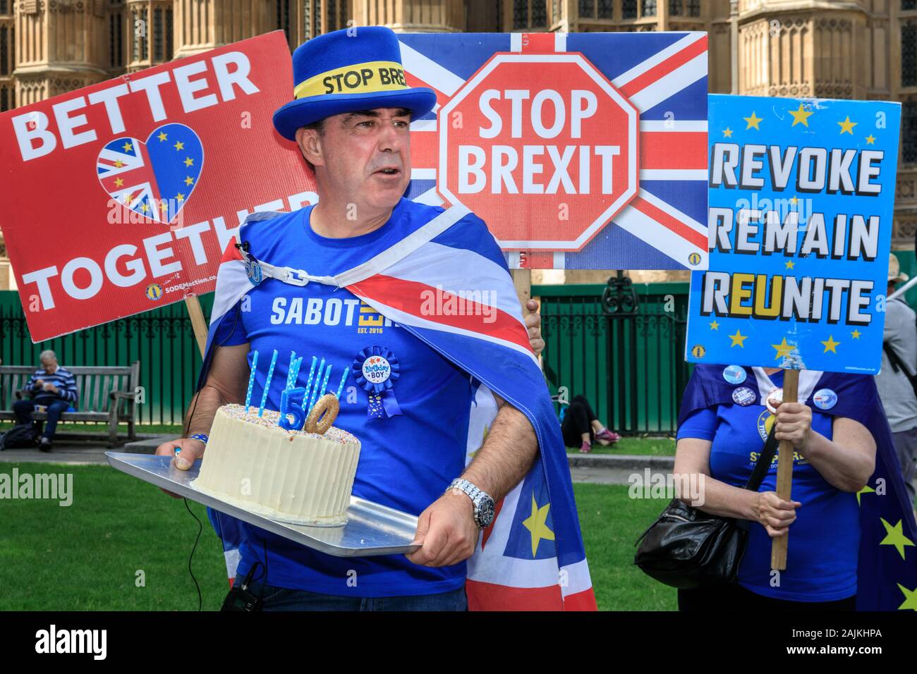 Steven 'Steve' Bray, known as Mr. Stop Brexit Man, with 50th Birthday cake in Westminster, London Stock Photo