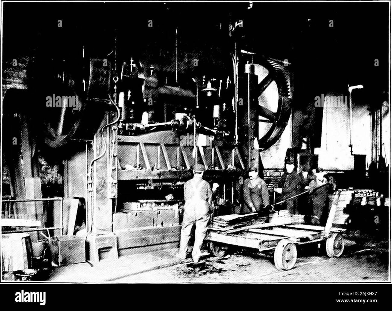 The story of the Pullman car . The steel parts used for interior car finish are all standardized,and are formed by powerful presses. Another large press at work on the forming of steel shapes forthe interior framing of the cars Digitized by Microsoft® Digitized by Microsoft® INVENTIONS AND IMPROVEMENTS The present method of heating an entire train withsteam from the locomotive was satisfactorily testedout in the winter of 1887, and was generally adoptedthe following year. By this improved system theindividual heaters in each car were abolished, anda source of much discomfort and complaint wasr Stock Photo