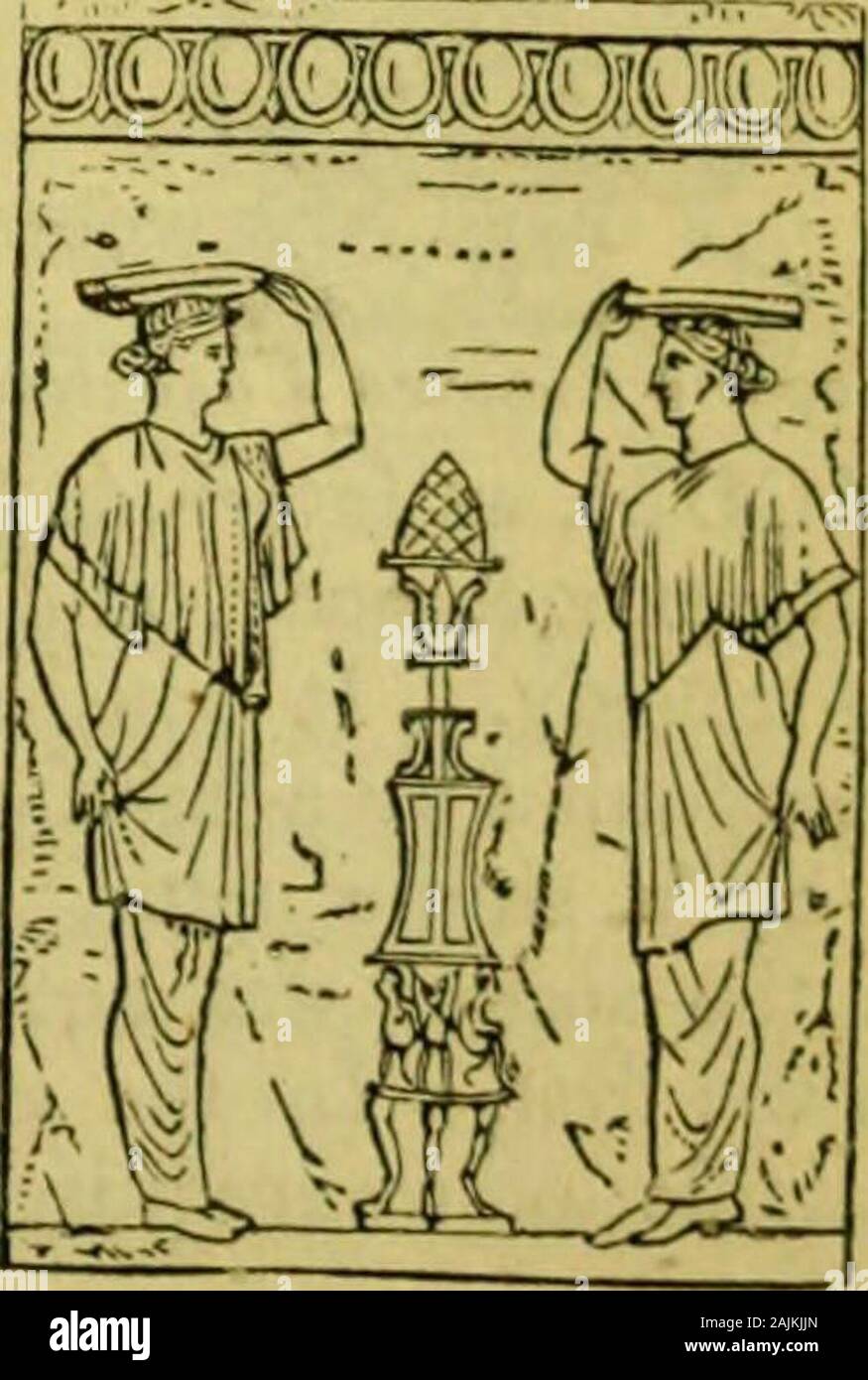 School dictionary of Greek and Roman antiquities . CANDYS, PERSIAN CLOAK. CANEPHOROS (Kap-n&lt;p6pos), a virginwho carried a flat circular basket (Kaueov,canistrum) at sacrifices, in which the chapletof flowers, the knife to slay the victim, and BRONZE CANDKLABRnM.. ? OANSPHORI. 72 CANTICUM. sometimes the frankincense were deposited.The name, however, was more particularlyapplied to two virgins of the first Athenianfamilies who were appointed to officiate as ca-nephori at the Panathaenaea. The precedingcut represents the two canephori approach-ing a candelabrum. Each of them elevatesone arm to Stock Photo