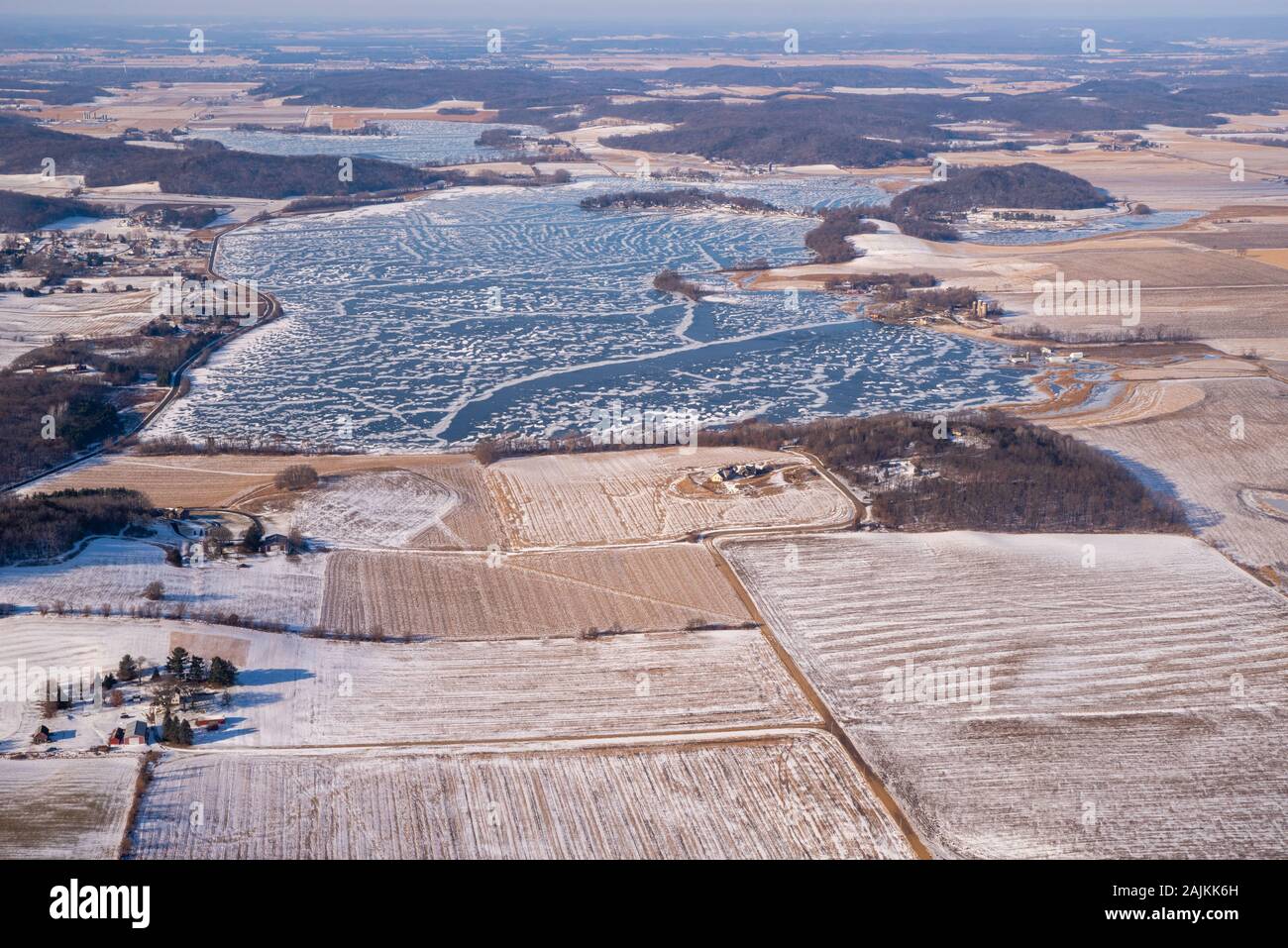 Aerial view of rural Dane County, Wisconsin in the winter on an