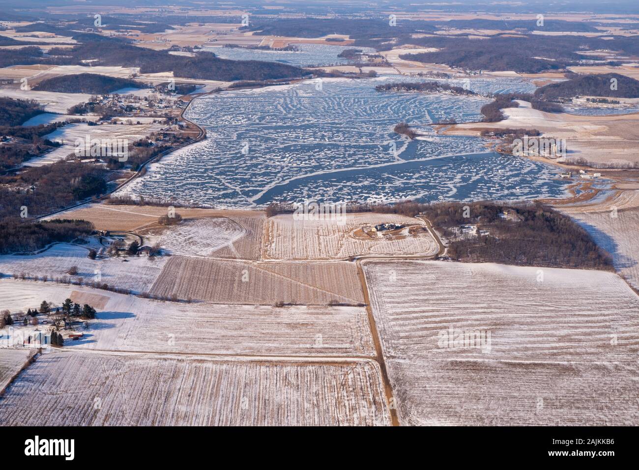 Aerial view of rural Dane County, Wisconsin in the winter on an