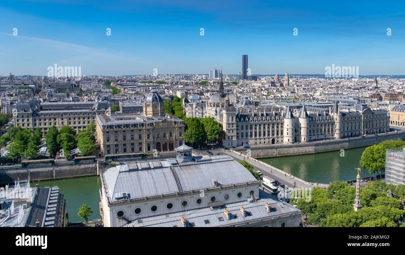 Paris, panorama of the city, with the Sainte-Chapelle, the Conciergerie, the Saint-Sulpice church, and the Montparnasse tower, in background Stock Photo